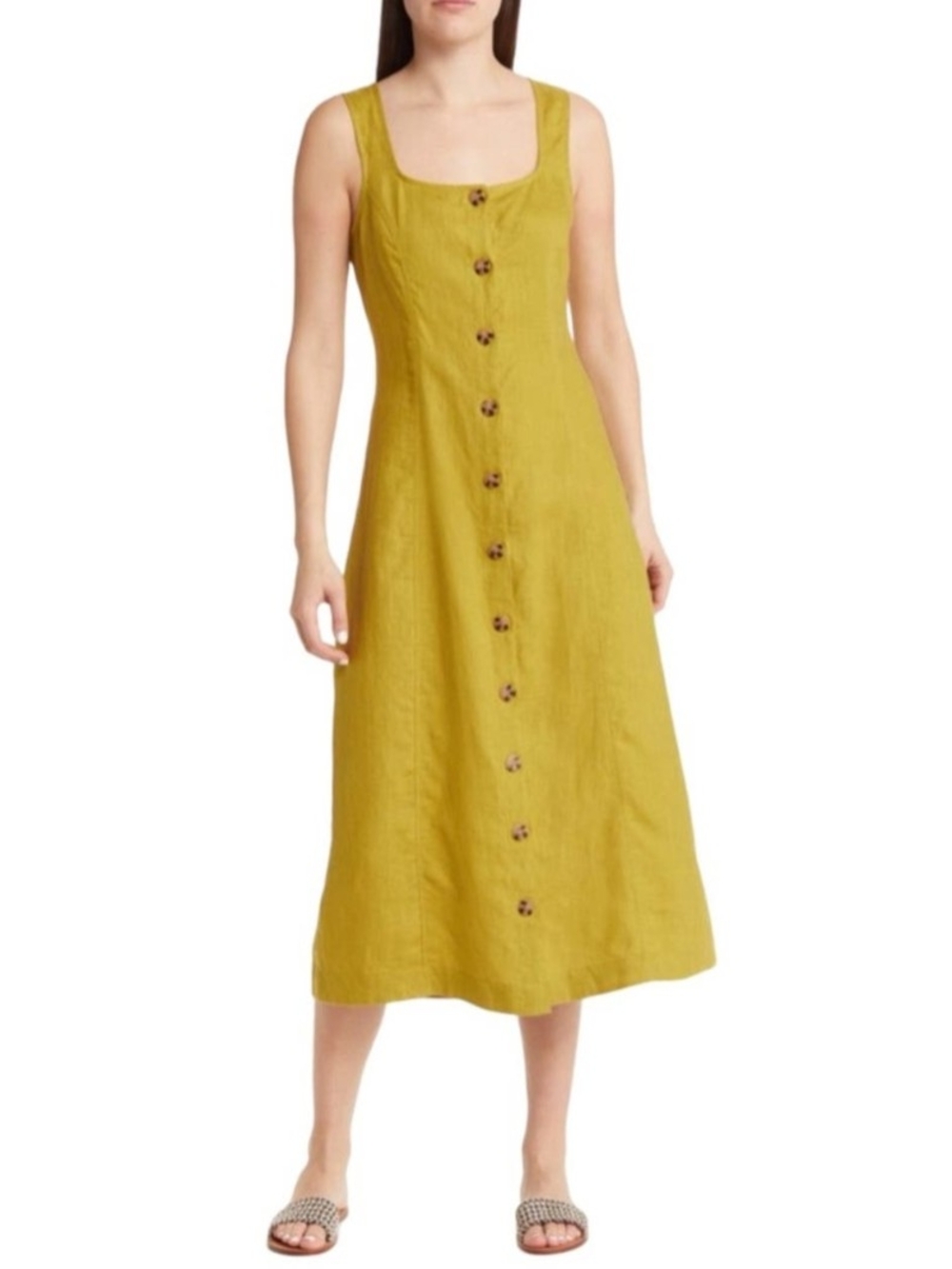 Madewell Button-Front Chartreuse Linen Midi Dress